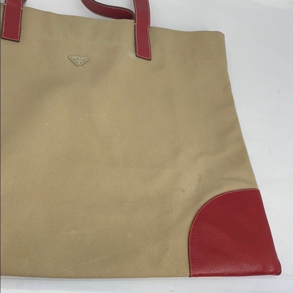 Prada Large Beige Canvas Red Leather Shoulder Tote - Picture 8 of 15